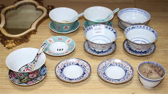 Six Chinese porcelain bowls, eight stands, three spoons and a candle holder, second half 20th century, largest bowl 10.2cm diameter